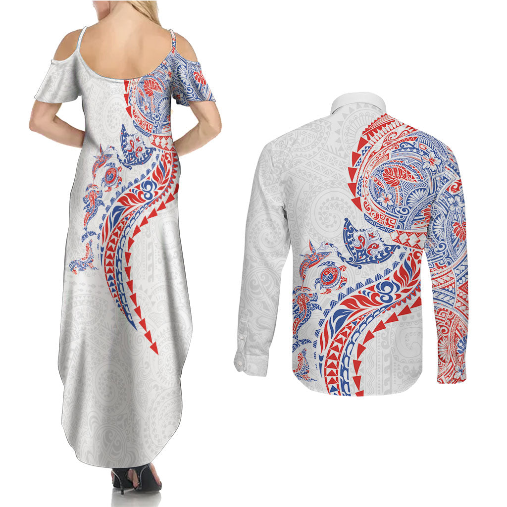 Hawaiian Kakau Tribal Sea Animals Tattoos Couples Matching Summer Maxi Dress and Long Sleeve Button Shirt Hawaii Flag Color Inspired LT03 - Polynesian Pride