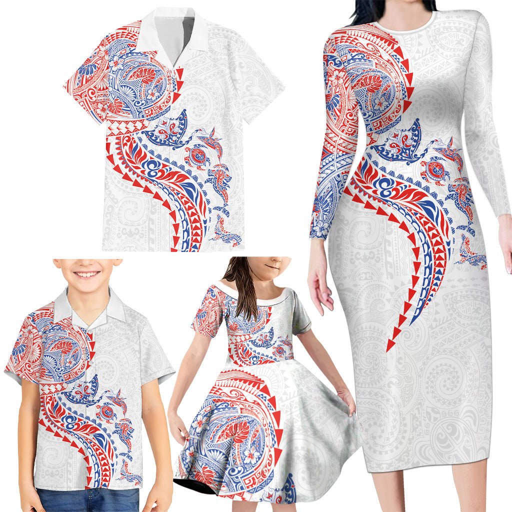 Hawaiian Kakau Tribal Sea Animals Tattoos Family Matching Long Sleeve Bodycon Dress and Hawaiian Shirt Hawaii Flag Color Inspired