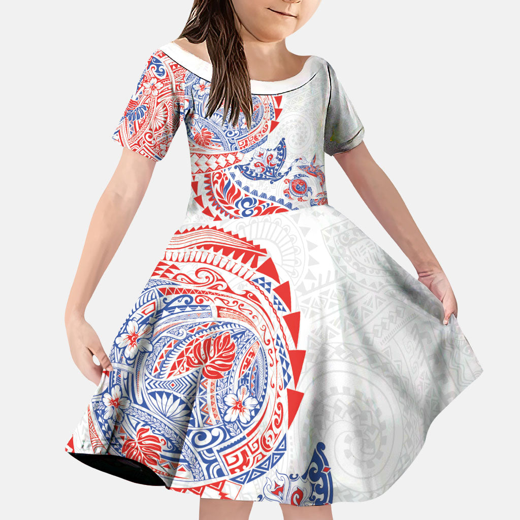 Hawaiian Kakau Tribal Sea Animals Tattoos Family Matching Mermaid Dress and Hawaiian Shirt Hawaii Flag Color Inspired LT03 Daughter's Dress Multicolor - Polynesian Pride