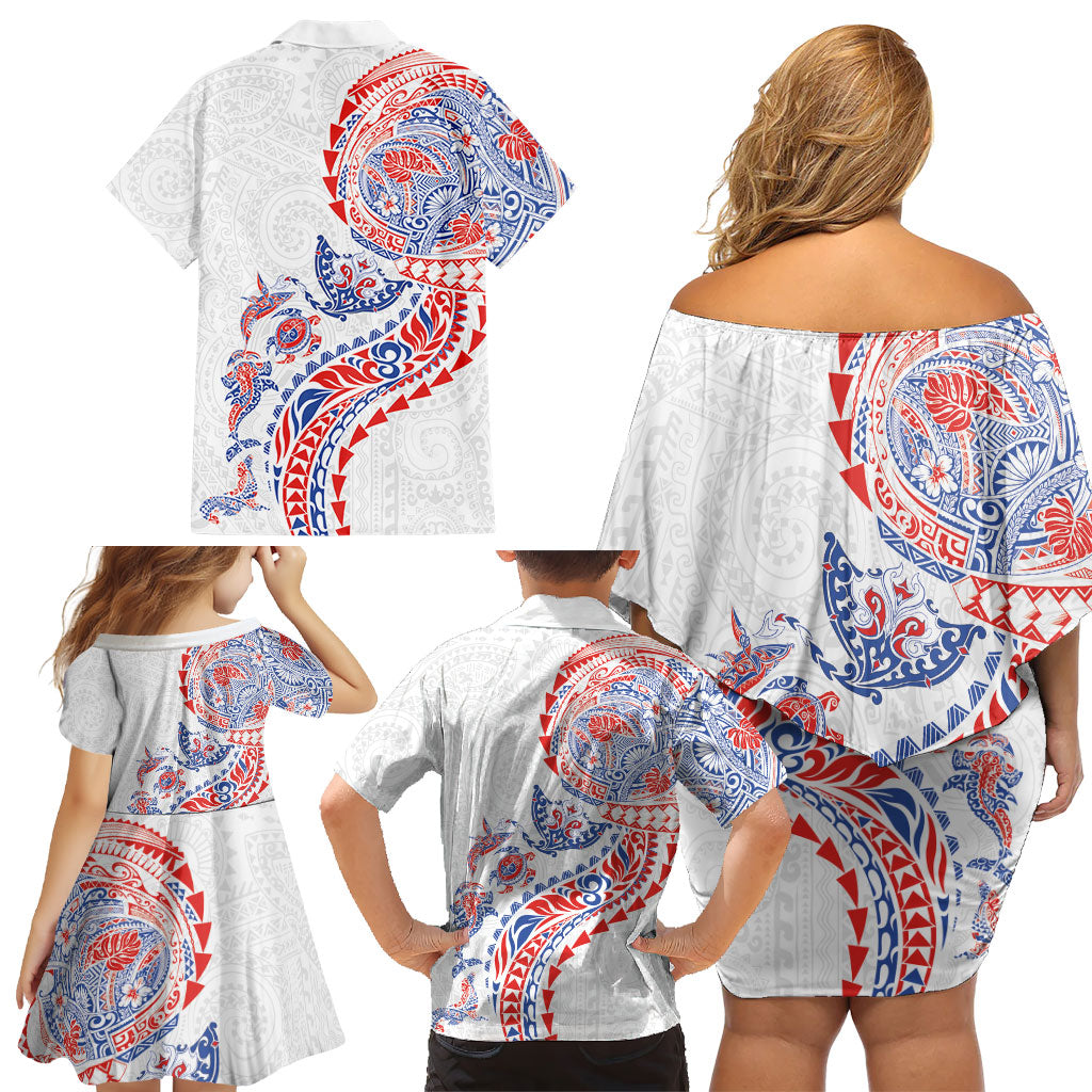 Hawaiian Kakau Tribal Sea Animals Tattoos Family Matching Off Shoulder Short Dress and Hawaiian Shirt Hawaii Flag Color Inspired LT03 - Polynesian Pride