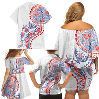 Hawaiian Kakau Tribal Sea Animals Tattoos Family Matching Off Shoulder Short Dress and Hawaiian Shirt Hawaii Flag Color Inspired LT03 - Polynesian Pride