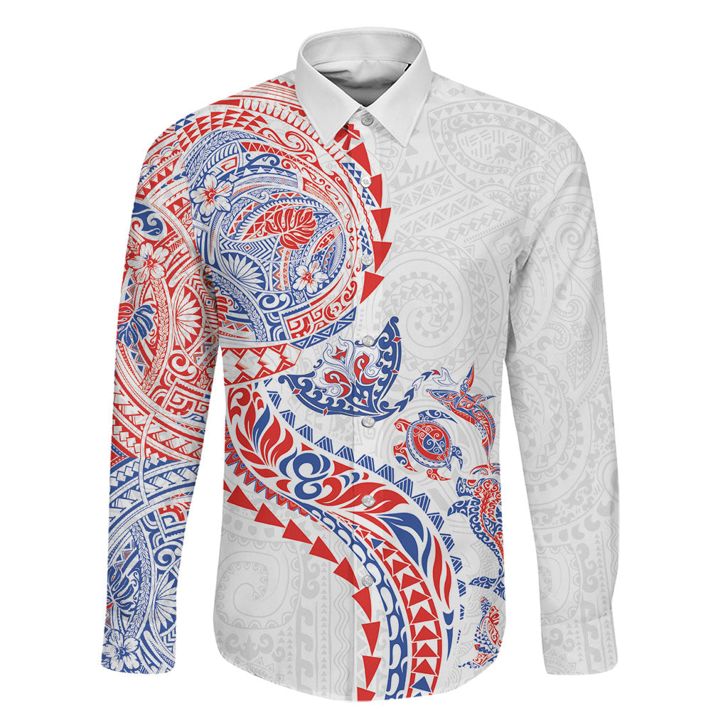 Hawaiian Kakau Tribal Sea Animals Tattoos Family Matching Puletasi and Hawaiian Shirt Hawaii Flag Color Inspired LT03 Dad's Shirt - Long Sleeve Multicolor - Polynesian Pride