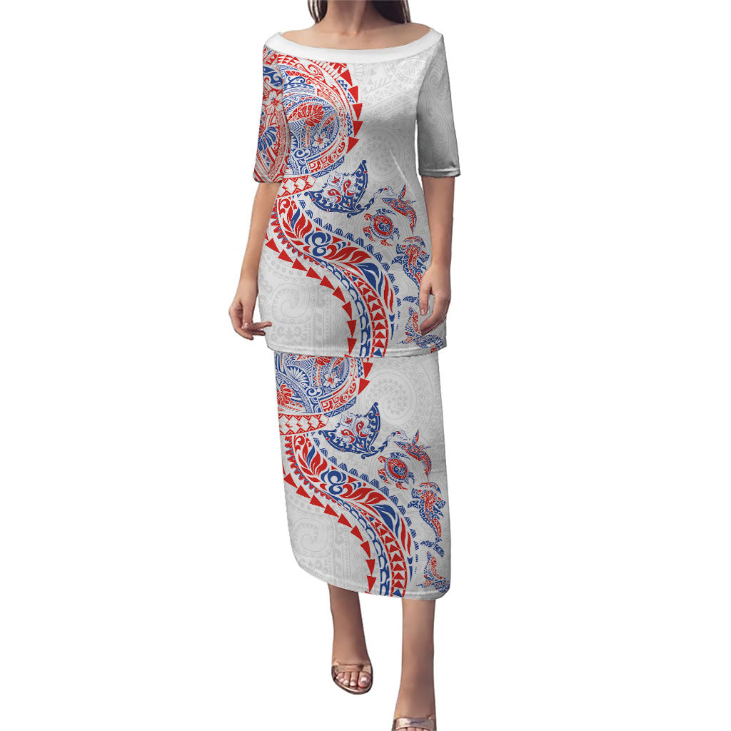 Hawaiian Kakau Tribal Sea Animals Tattoos Family Matching Puletasi and Hawaiian Shirt Hawaii Flag Color Inspired LT03 Mom's Dress Multicolor - Polynesian Pride