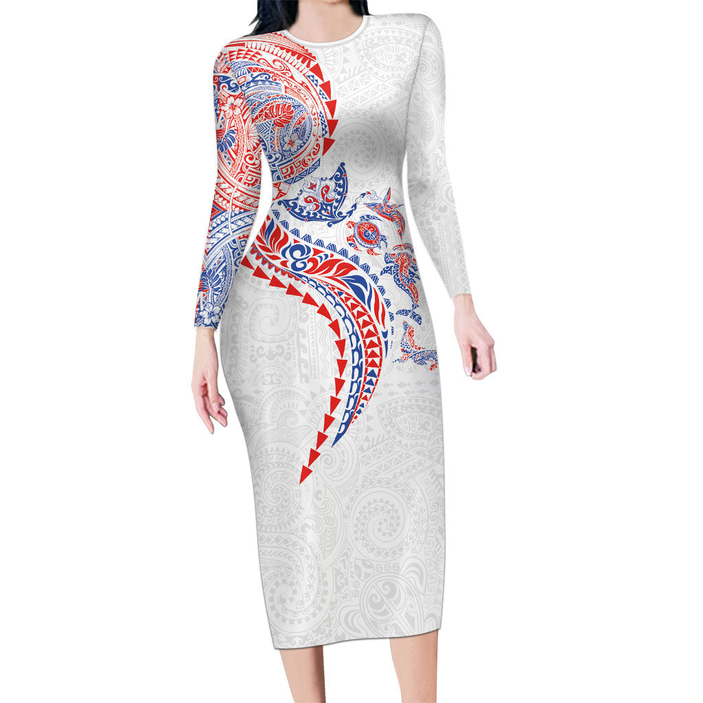 Hawaiian Kakau Tribal Sea Animals Tattoos Long Sleeve Bodycon Dress Hawaii Flag Color Inspired LT03 Long Dress Multicolor - Polynesian Pride