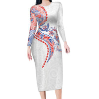 Hawaiian Kakau Tribal Sea Animals Tattoos Long Sleeve Bodycon Dress Hawaii Flag Color Inspired LT03 Long Dress Multicolor - Polynesian Pride