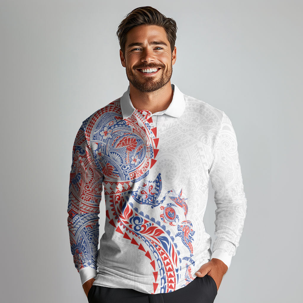 Hawaiian Kakau Tribal Sea Animals Tattoos Long Sleeve Polo Shirt Hawaii Flag Color Inspired LT03 - Polynesian Pride