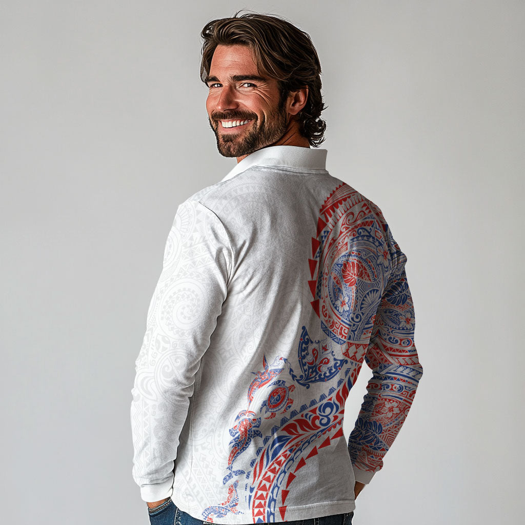 Hawaiian Kakau Tribal Sea Animals Tattoos Long Sleeve Polo Shirt Hawaii Flag Color Inspired LT03 - Polynesian Pride