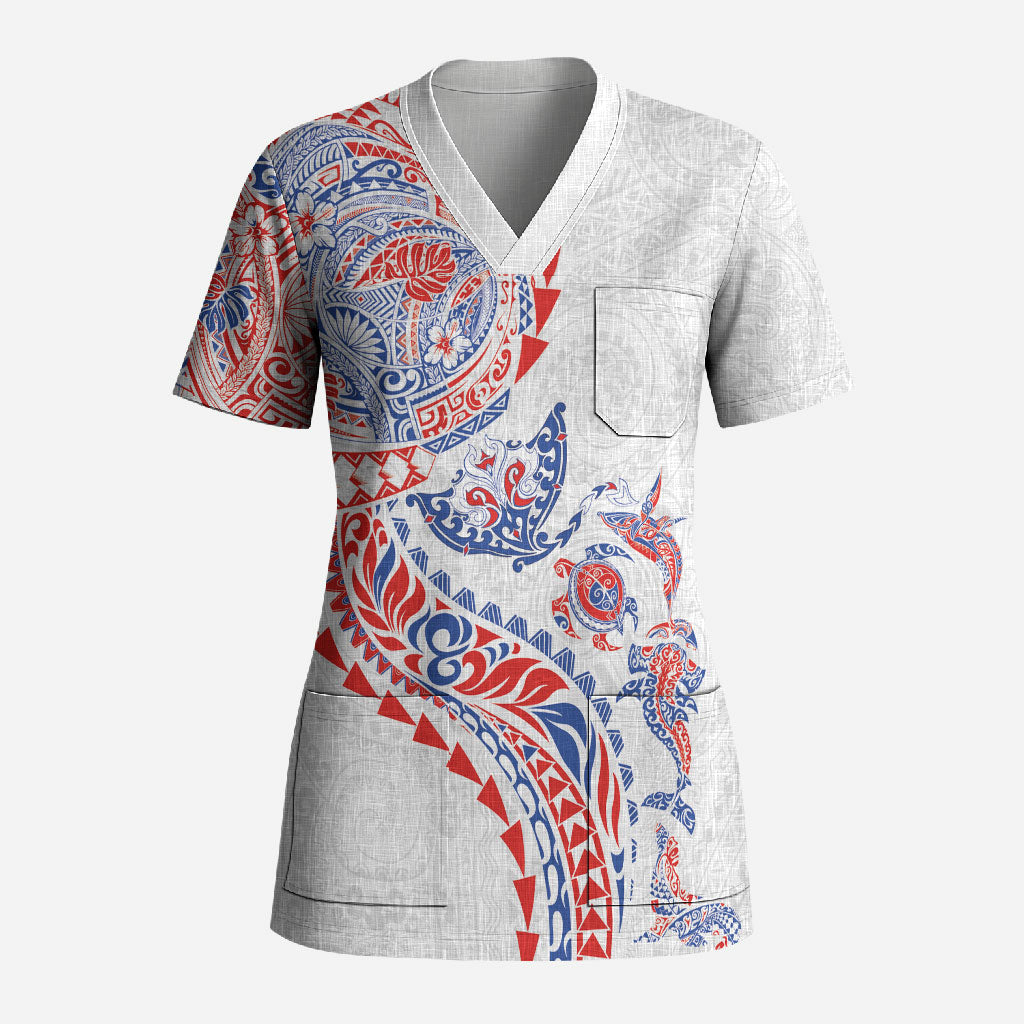 Hawaiian Kakau Tribal Sea Animals Tattoos Scrub Top Hawaii Flag Color Inspired