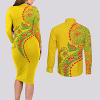 Hawaiian Kakau Tribal Sea Animals Tattoos Couples Matching Long Sleeve Bodycon Dress and Long Sleeve Button Shirt Kanaka Maoli Flag Color Inspired LT03 - Polynesian Pride