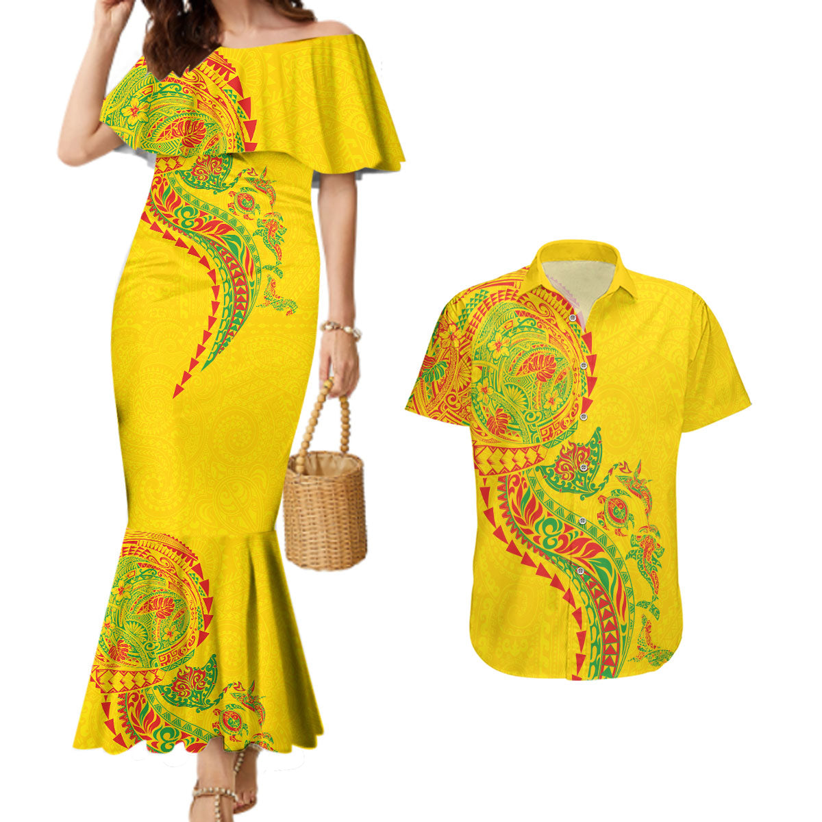 Hawaiian Kakau Tribal Sea Animals Tattoos Couples Matching Mermaid Dress and Hawaiian Shirt Kanaka Maoli Flag Color Inspired LT03 Multicolor - Polynesian Pride