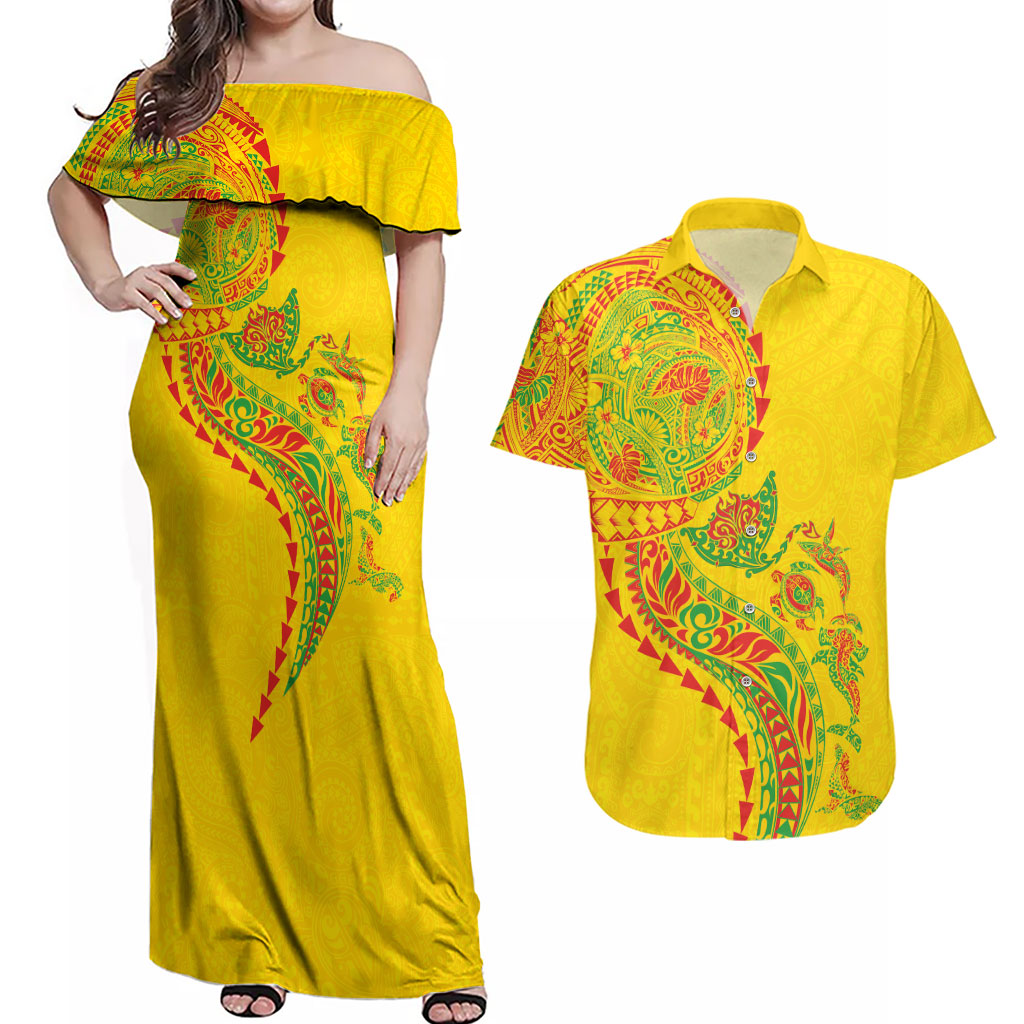 Hawaiian Kakau Tribal Sea Animals Tattoos Couples Matching Off Shoulder Maxi Dress and Hawaiian Shirt Kanaka Maoli Flag Color Inspired LT03 Multicolor - Polynesian Pride