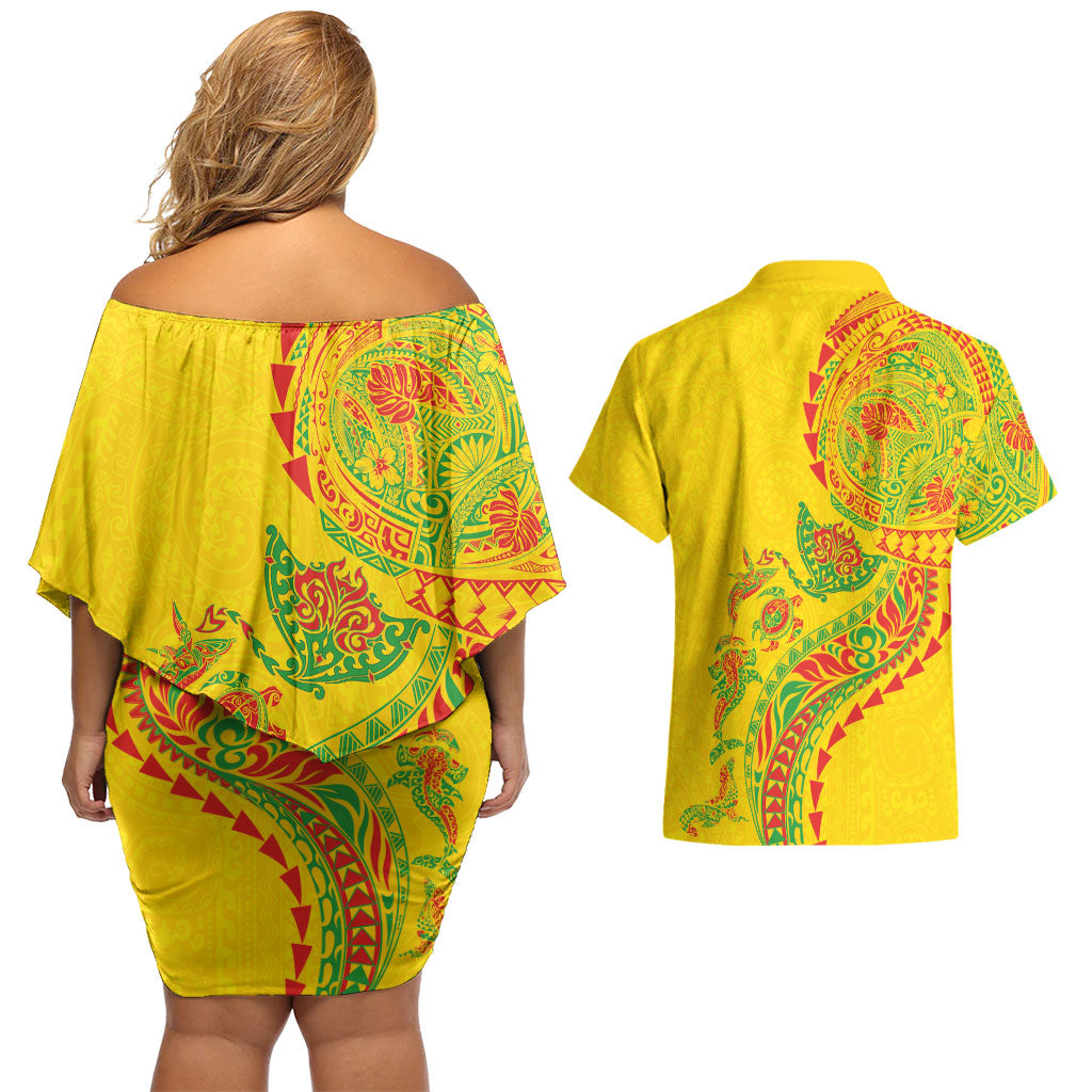 Hawaiian Kakau Tribal Sea Animals Tattoos Couples Matching Off Shoulder Short Dress and Hawaiian Shirt Kanaka Maoli Flag Color Inspired LT03 - Polynesian Pride