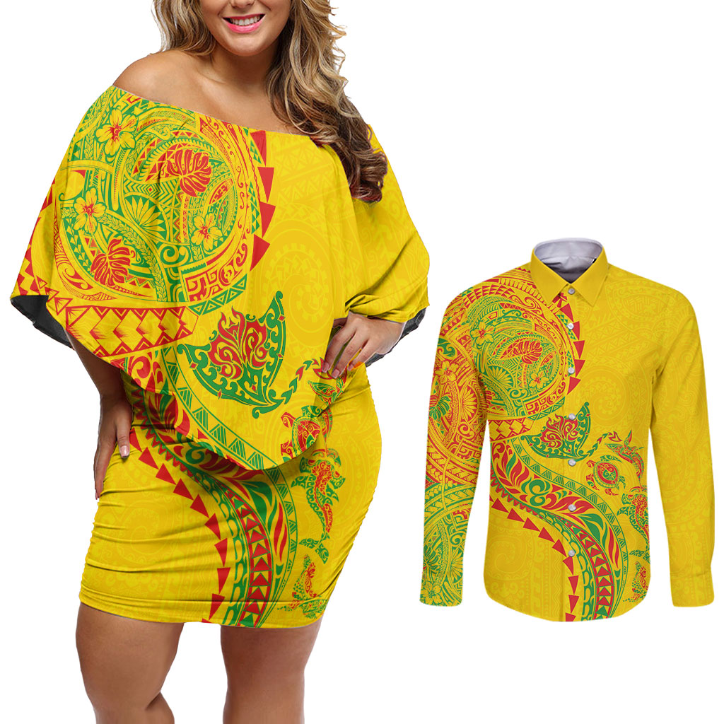 Hawaiian Kakau Tribal Sea Animals Tattoos Couples Matching Off Shoulder Short Dress and Long Sleeve Button Shirt Kanaka Maoli Flag Color Inspired LT03 Multicolor - Polynesian Pride