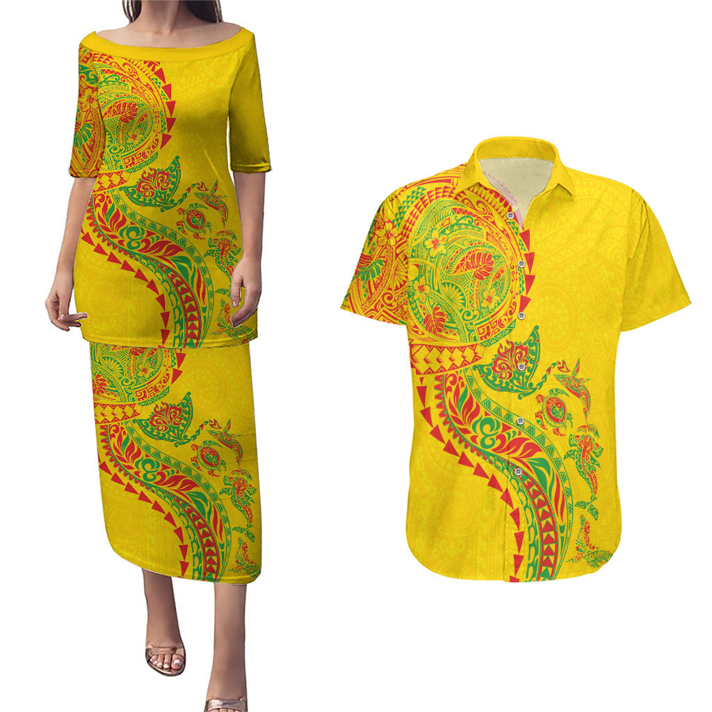 Hawaiian Kakau Tribal Sea Animals Tattoos Couples Matching Puletasi and Hawaiian Shirt Kanaka Maoli Flag Color Inspired LT03 Multicolor - Polynesian Pride