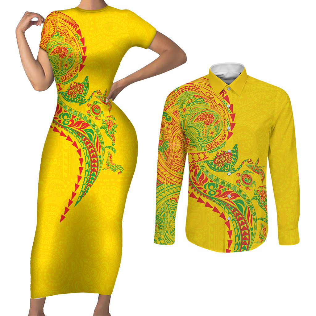 Hawaiian Kakau Tribal Sea Animals Tattoos Couples Matching Short Sleeve Bodycon Dress and Long Sleeve Button Shirt Kanaka Maoli Flag Color Inspired LT03 Multicolor - Polynesian Pride