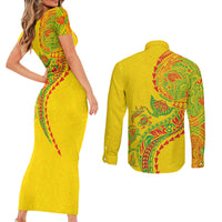Hawaiian Kakau Tribal Sea Animals Tattoos Couples Matching Short Sleeve Bodycon Dress and Long Sleeve Button Shirt Kanaka Maoli Flag Color Inspired LT03 - Polynesian Pride
