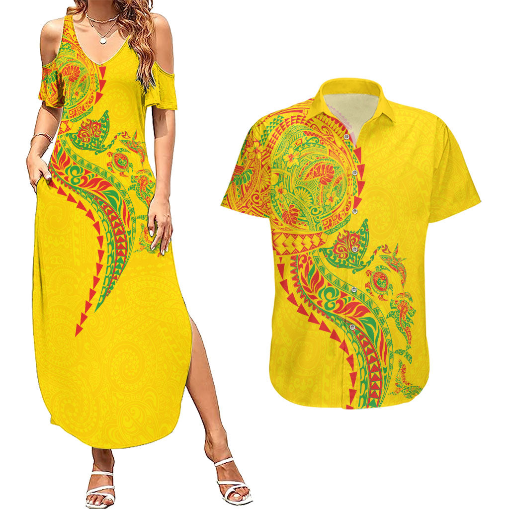 Hawaiian Kakau Tribal Sea Animals Tattoos Couples Matching Summer Maxi Dress and Hawaiian Shirt Kanaka Maoli Flag Color Inspired LT03 Multicolor - Polynesian Pride