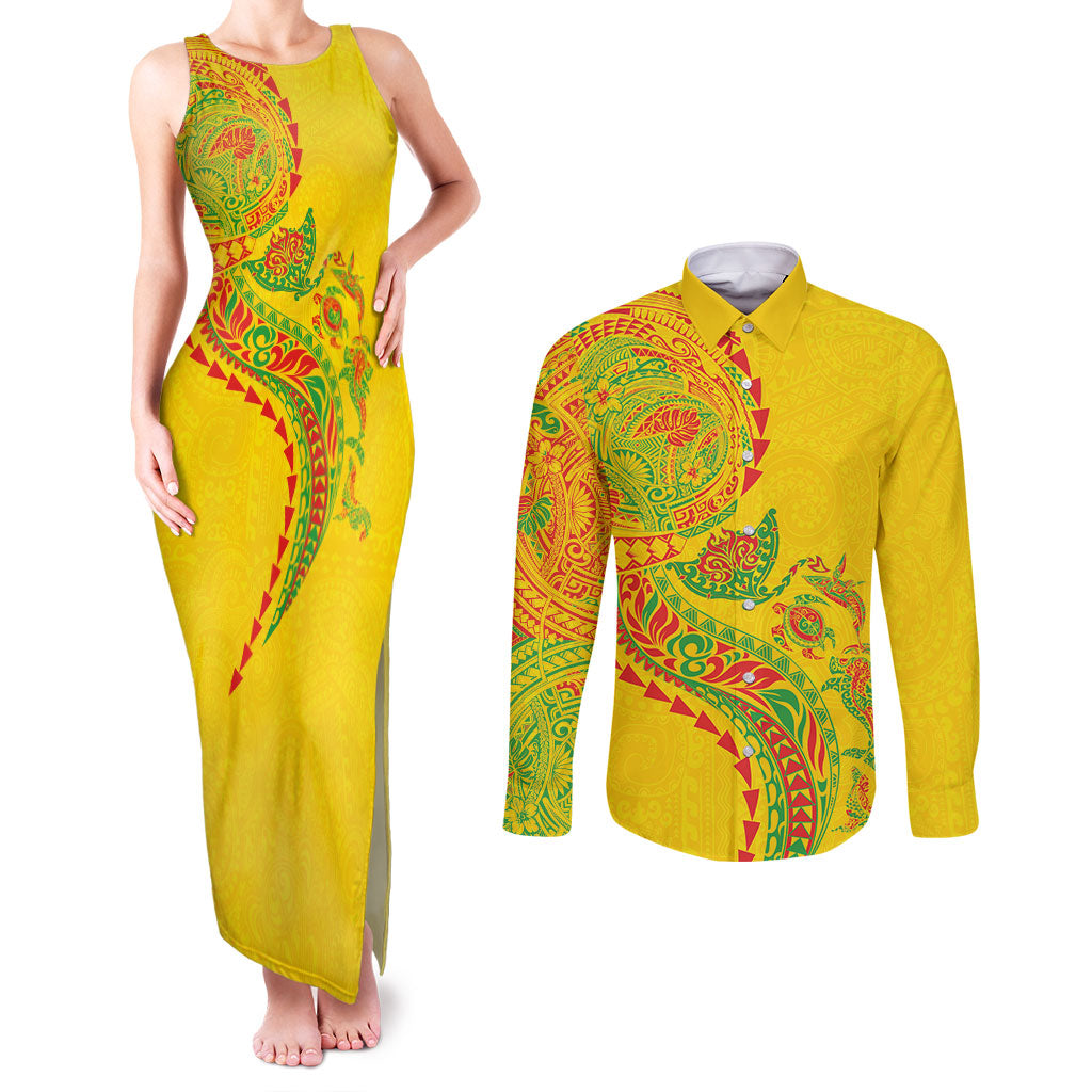 Hawaiian Kakau Tribal Sea Animals Tattoos Couples Matching Tank Maxi Dress and Long Sleeve Button Shirt Kanaka Maoli Flag Color Inspired