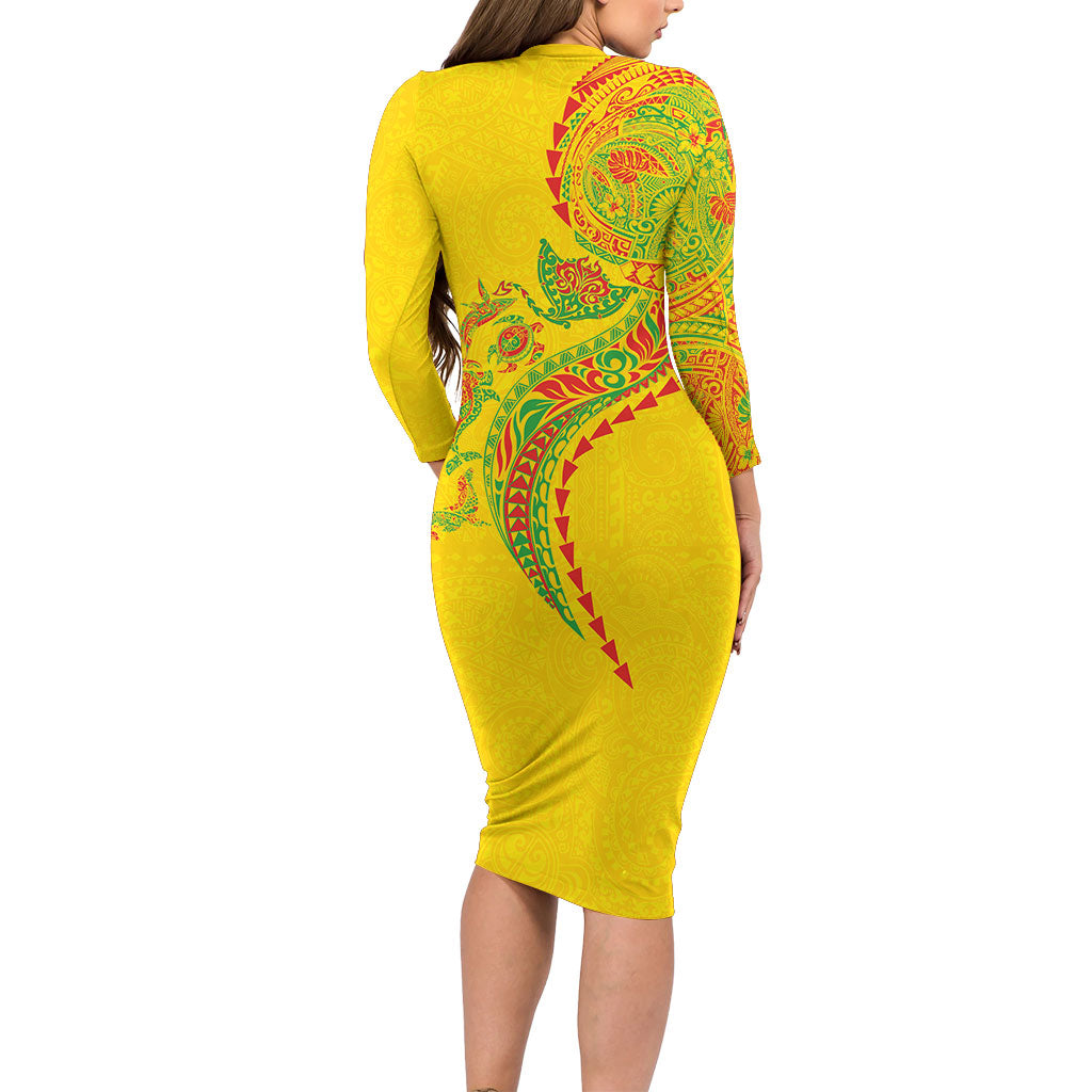 Hawaiian Kakau Tribal Sea Animals Tattoos Family Matching Long Sleeve Bodycon Dress and Hawaiian Shirt Kanaka Maoli Flag Color Inspired LT03 - Polynesian Pride