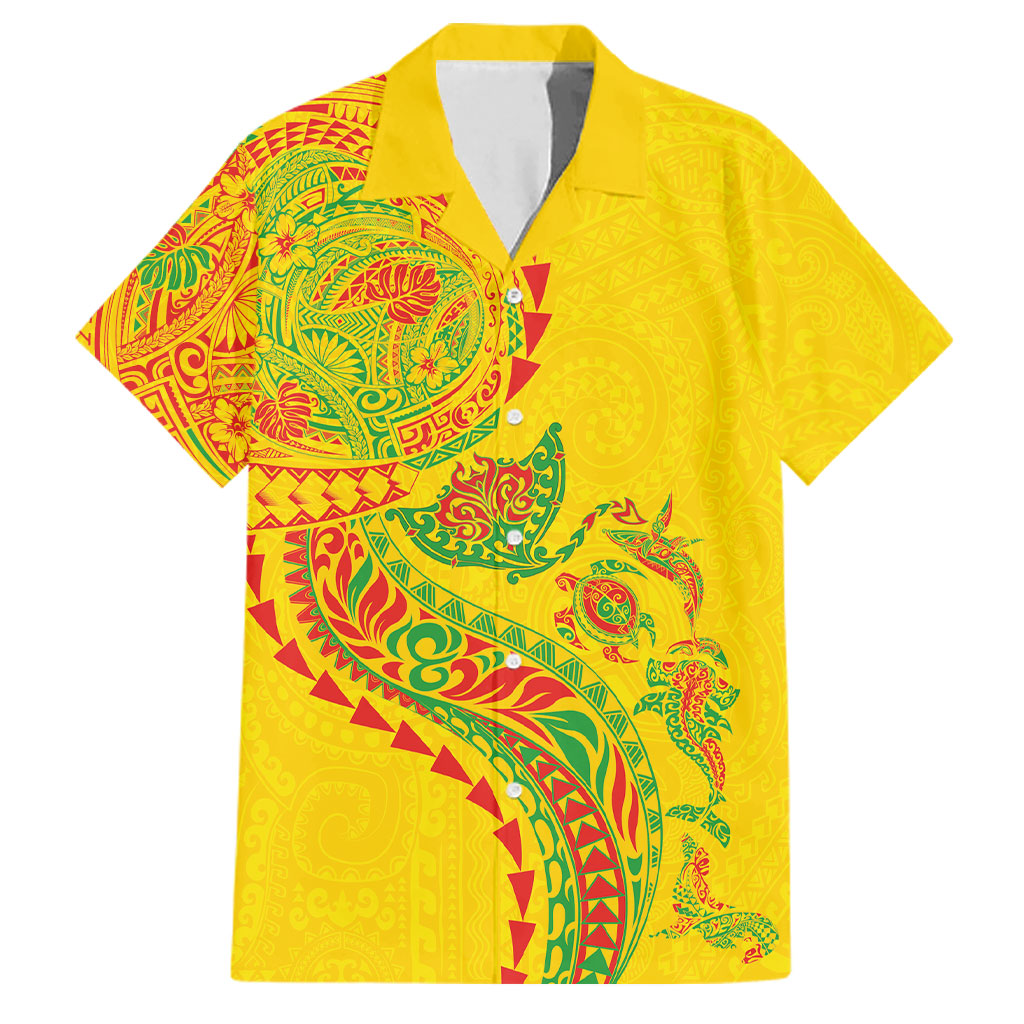 Hawaiian Kakau Tribal Sea Animals Tattoos Family Matching Off The Shoulder Long Sleeve Dress and Hawaiian Shirt Kanaka Maoli Flag Color Inspired LT03 Dad's Shirt - Short Sleeve Multicolor - Polynesian Pride