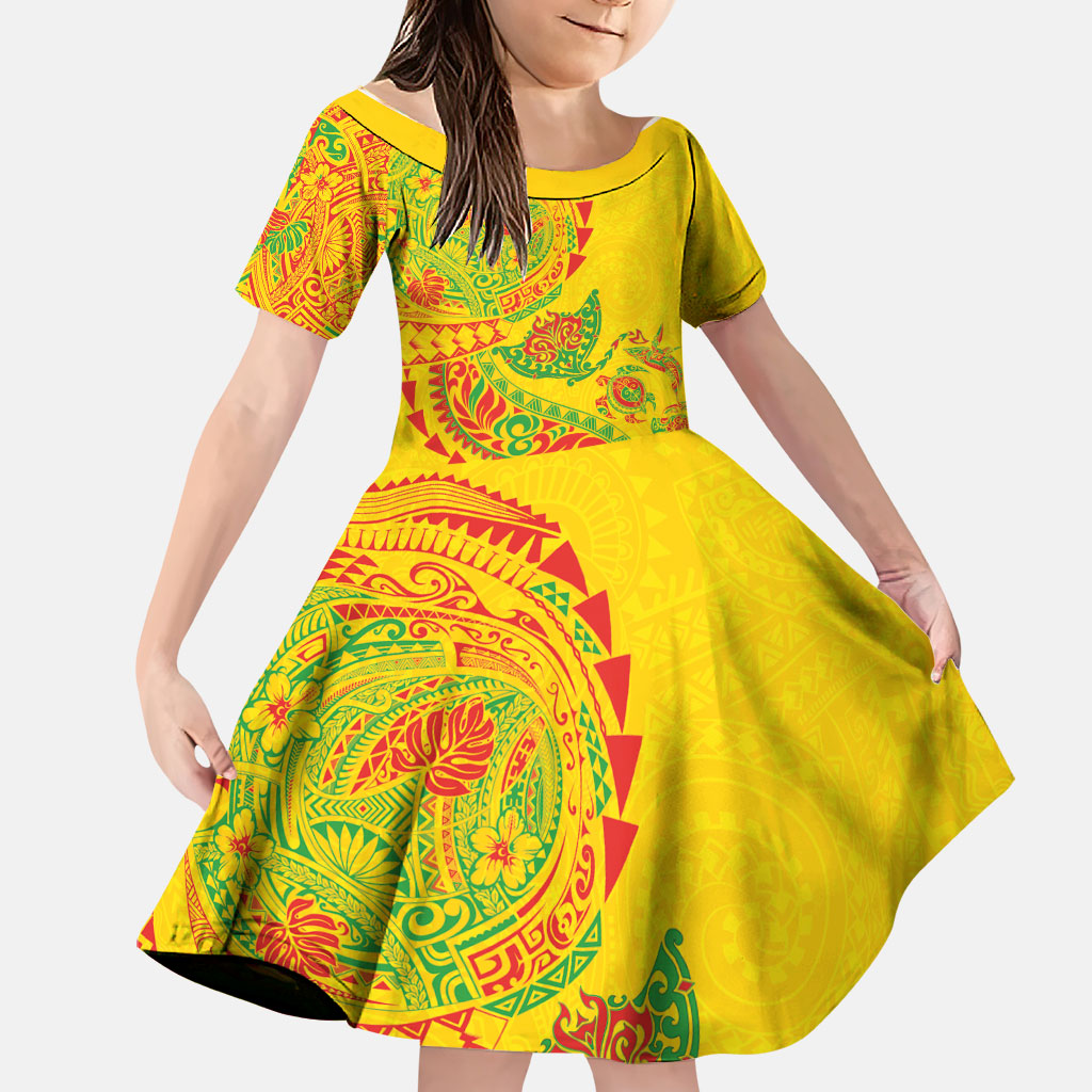 Hawaiian Kakau Tribal Sea Animals Tattoos Family Matching Off Shoulder Short Dress and Hawaiian Shirt Kanaka Maoli Flag Color Inspired LT03 Daughter's Dress Multicolor - Polynesian Pride