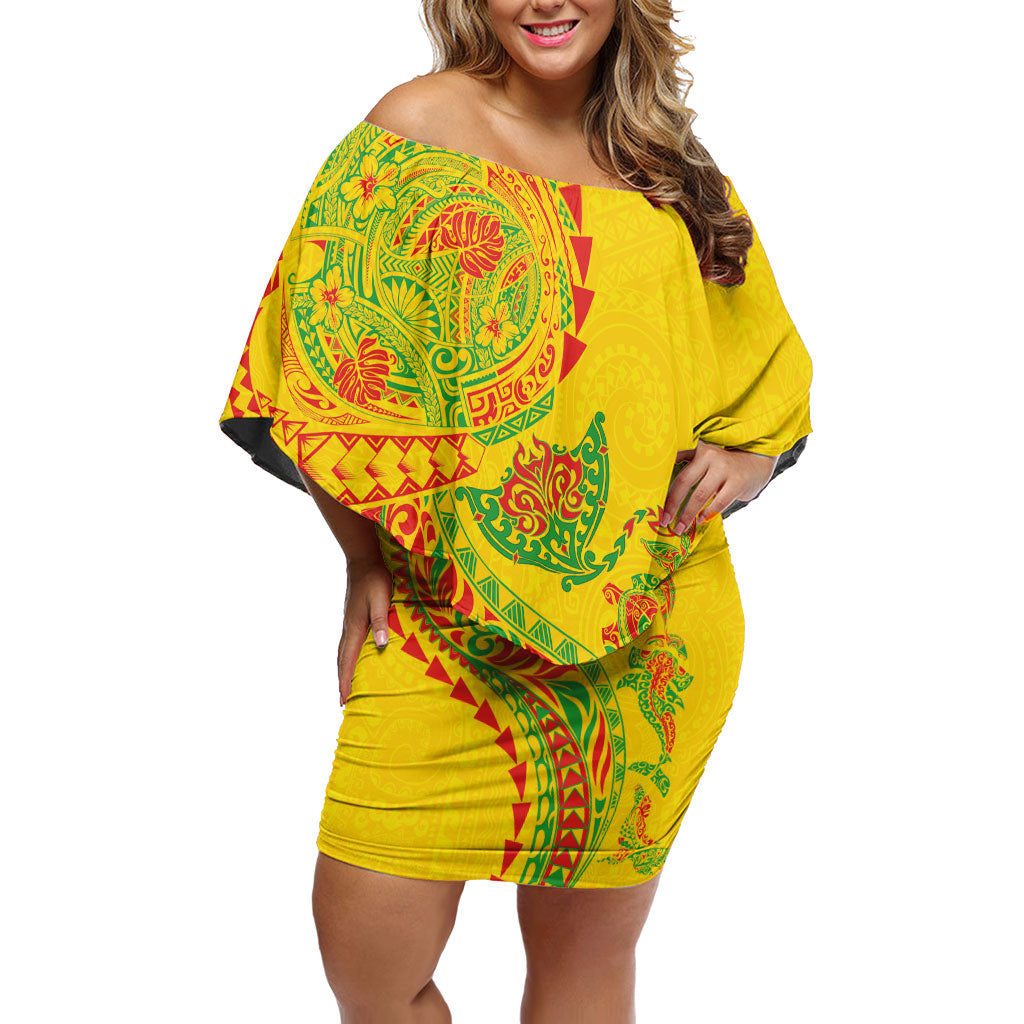 Hawaiian Kakau Tribal Sea Animals Tattoos Family Matching Off Shoulder Short Dress and Hawaiian Shirt Kanaka Maoli Flag Color Inspired LT03 Mom's Dress Multicolor - Polynesian Pride