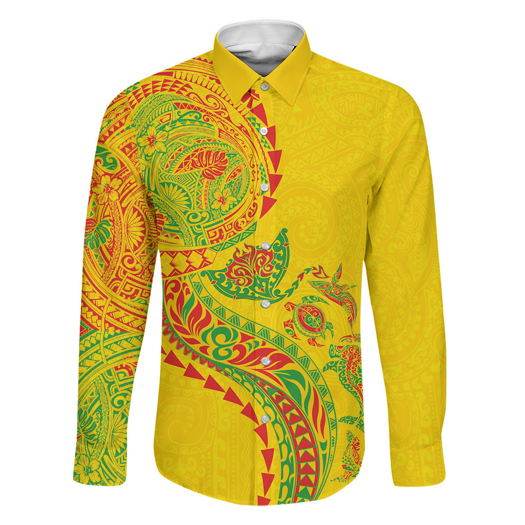 Hawaiian Kakau Tribal Sea Animals Tattoos Family Matching Puletasi and Hawaiian Shirt Kanaka Maoli Flag Color Inspired LT03 Dad's Shirt - Long Sleeve Multicolor - Polynesian Pride