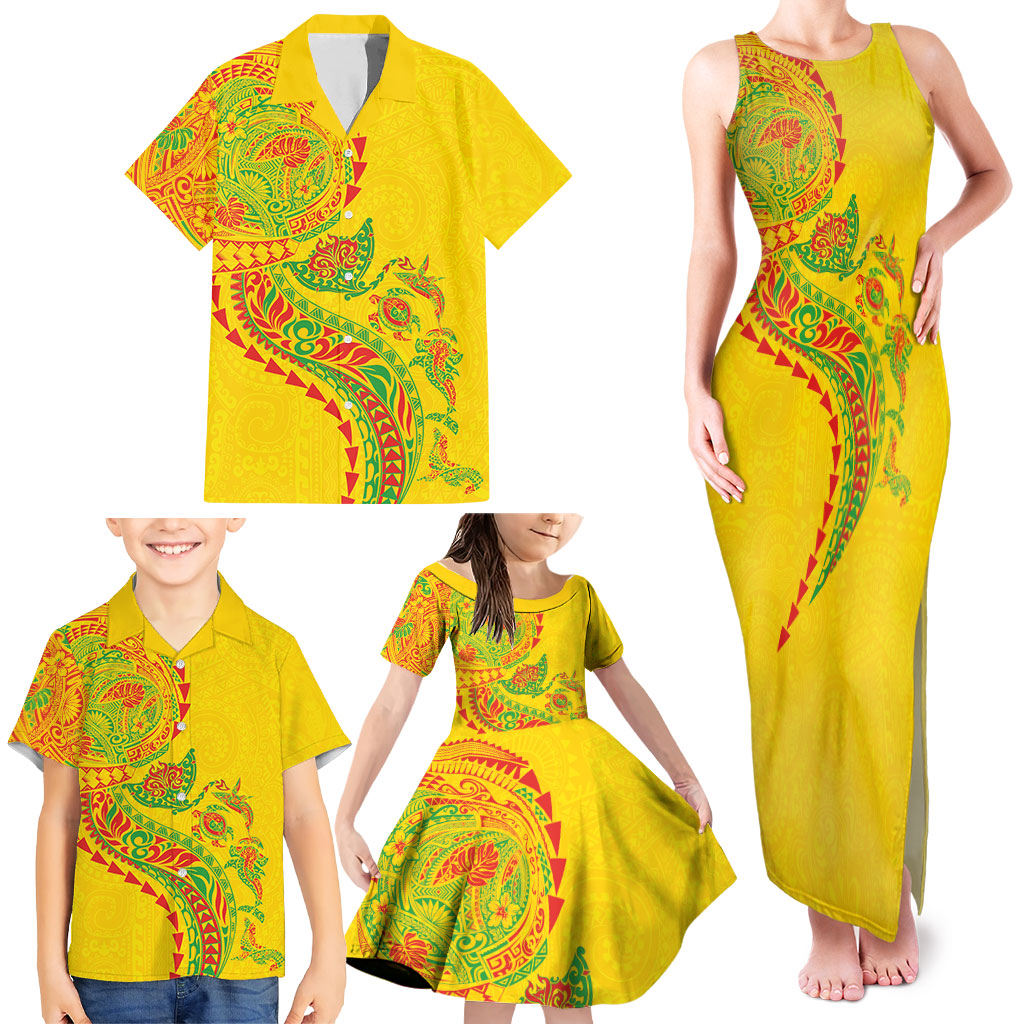 Hawaiian Kakau Tribal Sea Animals Tattoos Family Matching Tank Maxi Dress and Hawaiian Shirt Kanaka Maoli Flag Color Inspired