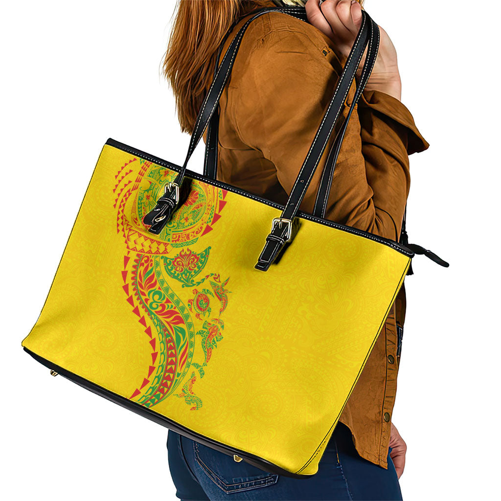 Hawaiian Kakau Tribal Sea Animals Tattoos Leather Tote Bag Kanaka Maoli Flag Color Inspired LT03 - Polynesian Pride