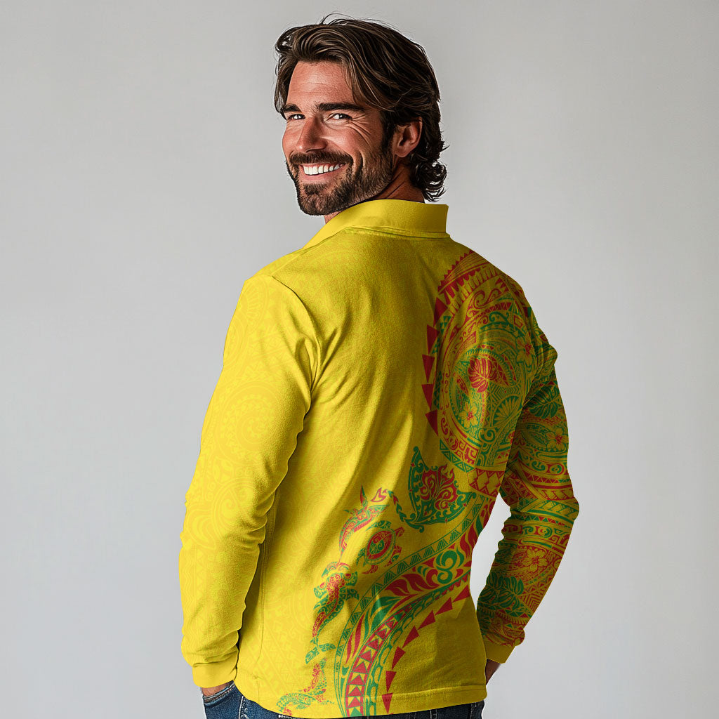 Hawaiian Kakau Tribal Sea Animals Tattoos Long Sleeve Polo Shirt Kanaka Maoli Flag Color Inspired LT03 - Polynesian Pride