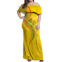 Hawaiian Kakau Tribal Sea Animals Tattoos Off Shoulder Maxi Dress Kanaka Maoli Flag Color Inspired LT03 Women Multicolor - Polynesian Pride