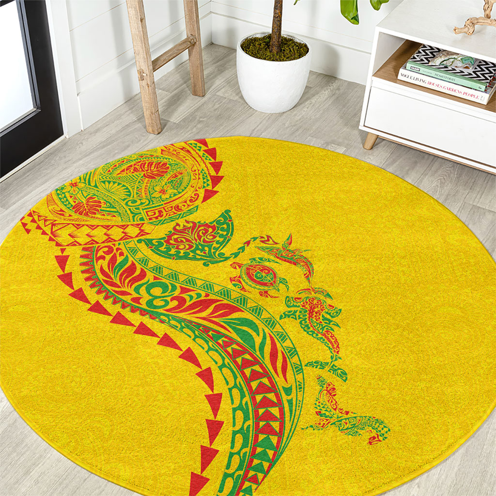 Hawaiian Kakau Tribal Sea Animals Tattoos Round Carpet Kanaka Maoli Flag Color Inspired LT03 Multicolor - Polynesian Pride