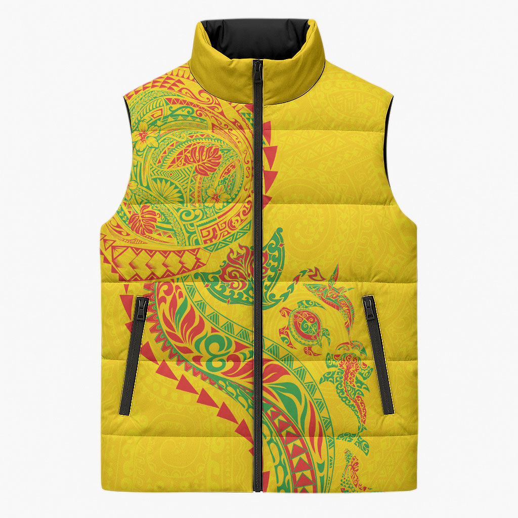 Hawaiian Kakau Tribal Sea Animals Tattoos Sleeveless Puffer Jacket Kanaka Maoli Flag Color Inspired LT03 Unisex Multicolor - Polynesian Pride