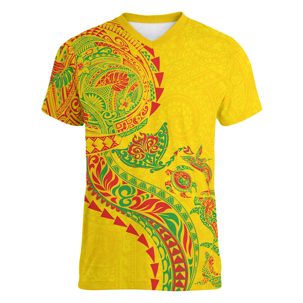 Hawaiian Kakau Tribal Sea Animals Tattoos Women V-Neck T-Shirt Kanaka Maoli Flag Color Inspired LT03 Female Multicolor - Polynesian Pride