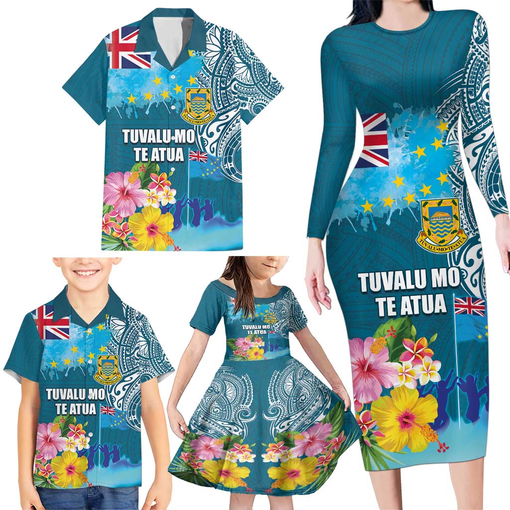 Personalised Tuvalu Independence Day Family Matching Long Sleeve Bodycon Dress and Hawaiian Shirt Tuvaluan Tribal Flag Style LT03 - Polynesian Pride
