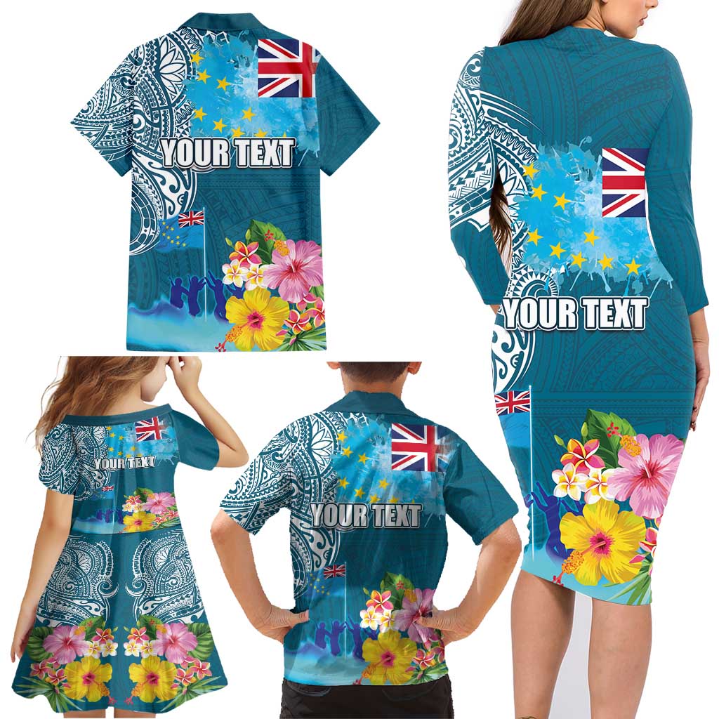 Personalised Tuvalu Independence Day Family Matching Long Sleeve Bodycon Dress and Hawaiian Shirt Tuvaluan Tribal Flag Style LT03 - Polynesian Pride