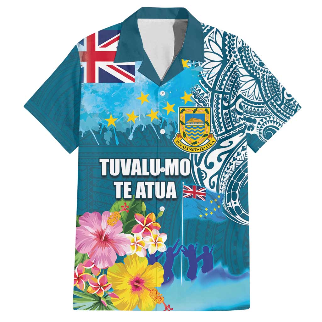 Personalised Tuvalu Independence Day Family Matching Long Sleeve Bodycon Dress and Hawaiian Shirt Tuvaluan Tribal Flag Style LT03 Dad's Shirt - Short Sleeve Turquoise - Polynesian Pride