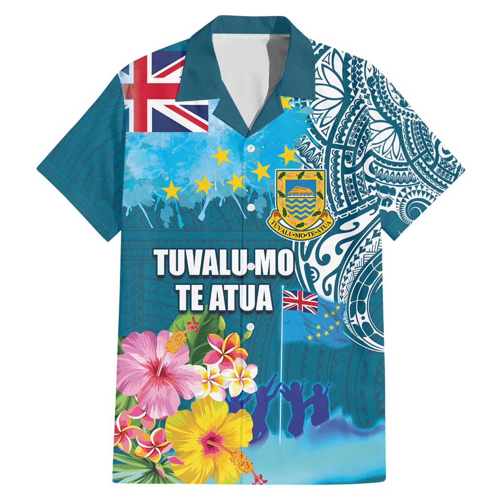 Personalised Tuvalu Independence Day Family Matching Mermaid Dress and Hawaiian Shirt Tuvaluan Tribal Flag Style LT03 Dad's Shirt - Short Sleeve Turquoise - Polynesian Pride