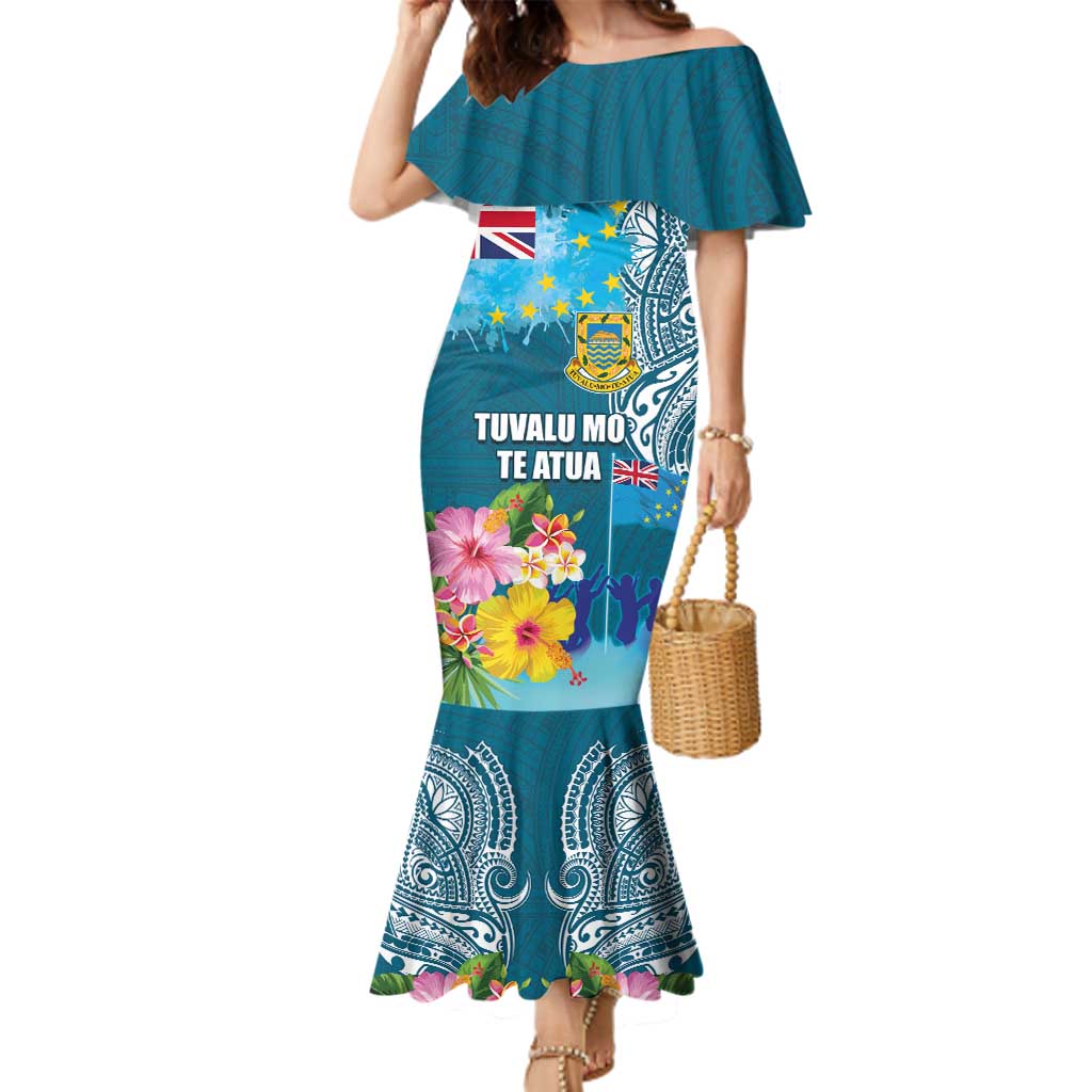 Personalised Tuvalu Independence Day Family Matching Mermaid Dress and Hawaiian Shirt Tuvaluan Tribal Flag Style LT03 Mom's Dress Turquoise - Polynesian Pride