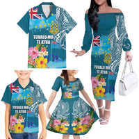 Personalised Tuvalu Independence Day Family Matching Off The Shoulder Long Sleeve Dress and Hawaiian Shirt Tuvaluan Tribal Flag Style LT03 - Polynesian Pride