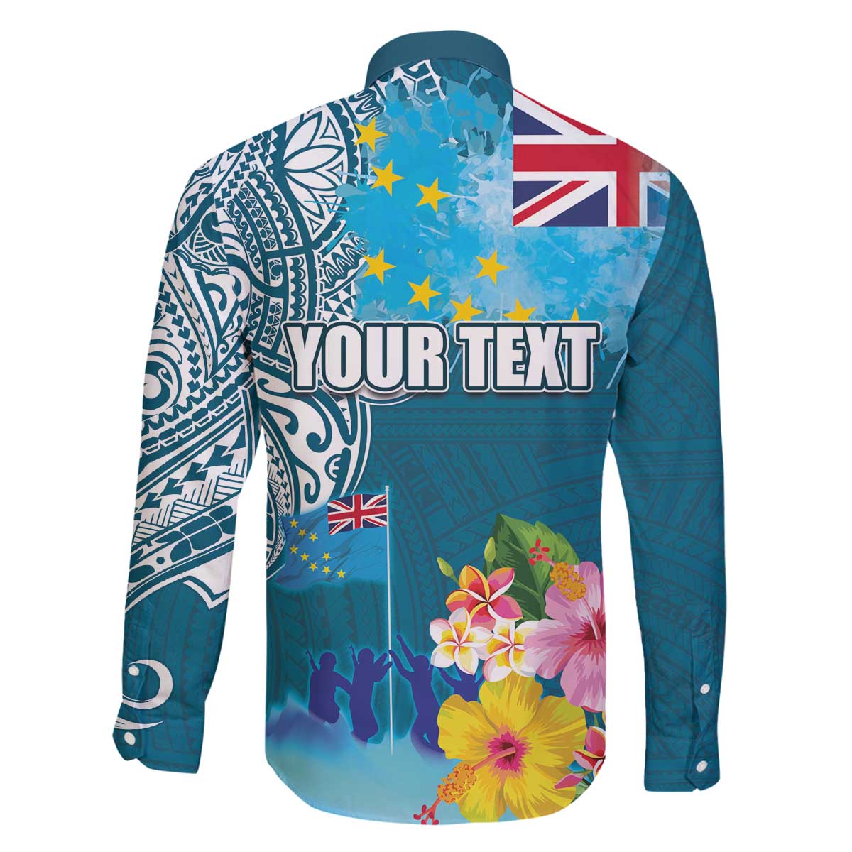 Personalised Tuvalu Independence Day Family Matching Off The Shoulder Long Sleeve Dress and Hawaiian Shirt Tuvaluan Tribal Flag Style LT03 - Polynesian Pride