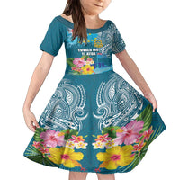 Personalised Tuvalu Independence Day Family Matching Off Shoulder Maxi Dress and Hawaiian Shirt Tuvaluan Tribal Flag Style LT03 Daughter's Dress Turquoise - Polynesian Pride
