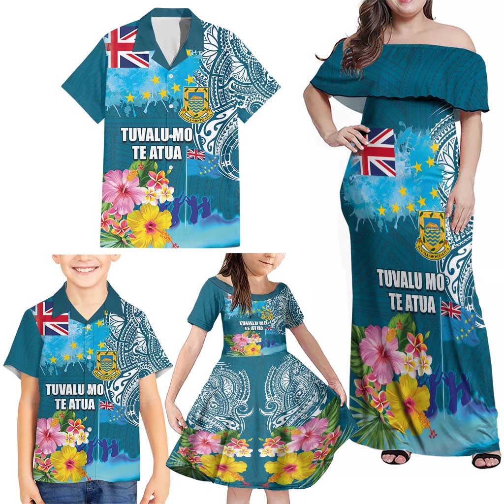 Personalised Tuvalu Independence Day Family Matching Off Shoulder Maxi Dress and Hawaiian Shirt Tuvaluan Tribal Flag Style LT03 - Polynesian Pride