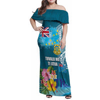 Personalised Tuvalu Independence Day Family Matching Off Shoulder Maxi Dress and Hawaiian Shirt Tuvaluan Tribal Flag Style LT03 Mom's Dress Turquoise - Polynesian Pride