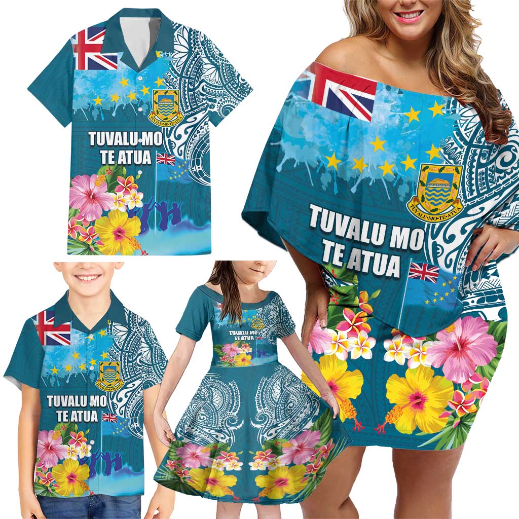 Personalised Tuvalu Independence Day Family Matching Off Shoulder Short Dress and Hawaiian Shirt Tuvaluan Tribal Flag Style LT03 - Polynesian Pride