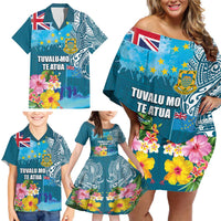 Personalised Tuvalu Independence Day Family Matching Off Shoulder Short Dress and Hawaiian Shirt Tuvaluan Tribal Flag Style LT03 - Polynesian Pride
