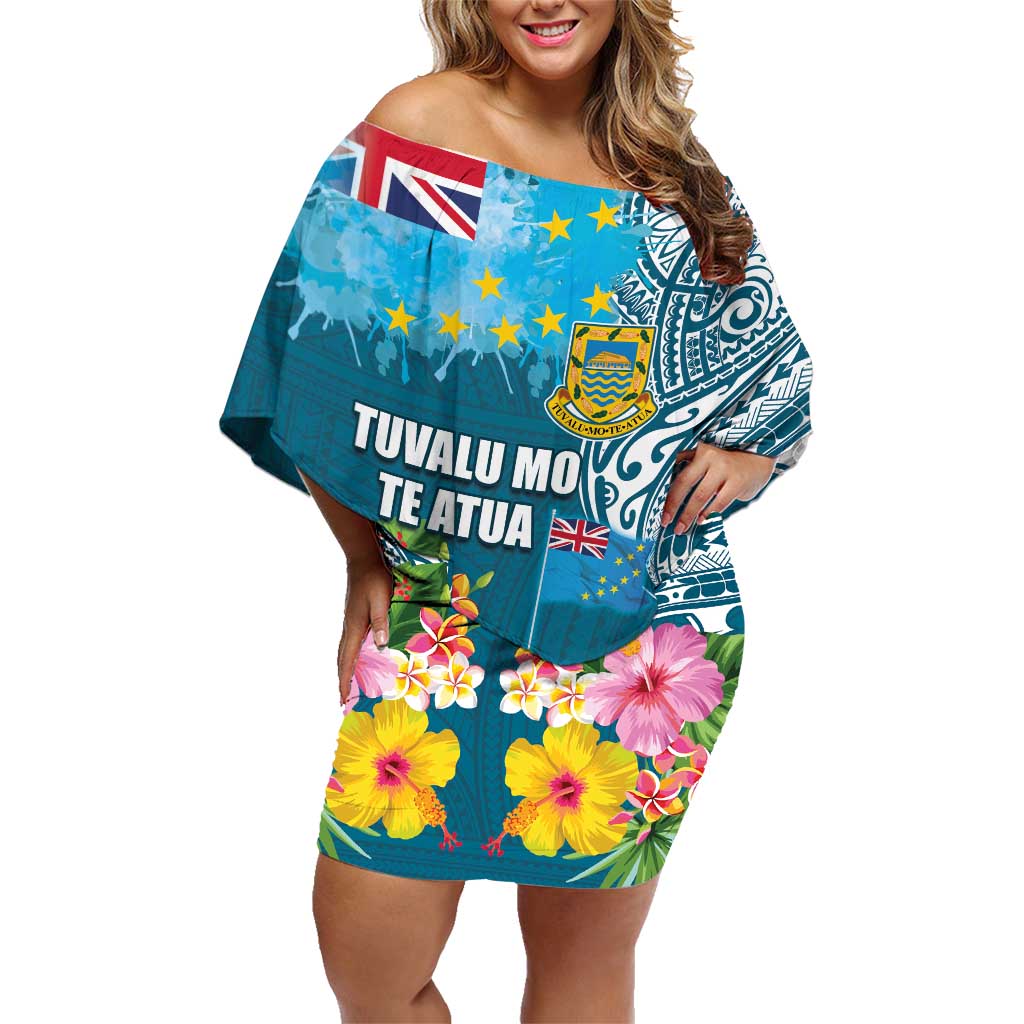 Personalised Tuvalu Independence Day Family Matching Off Shoulder Short Dress and Hawaiian Shirt Tuvaluan Tribal Flag Style LT03 Mom's Dress Turquoise - Polynesian Pride
