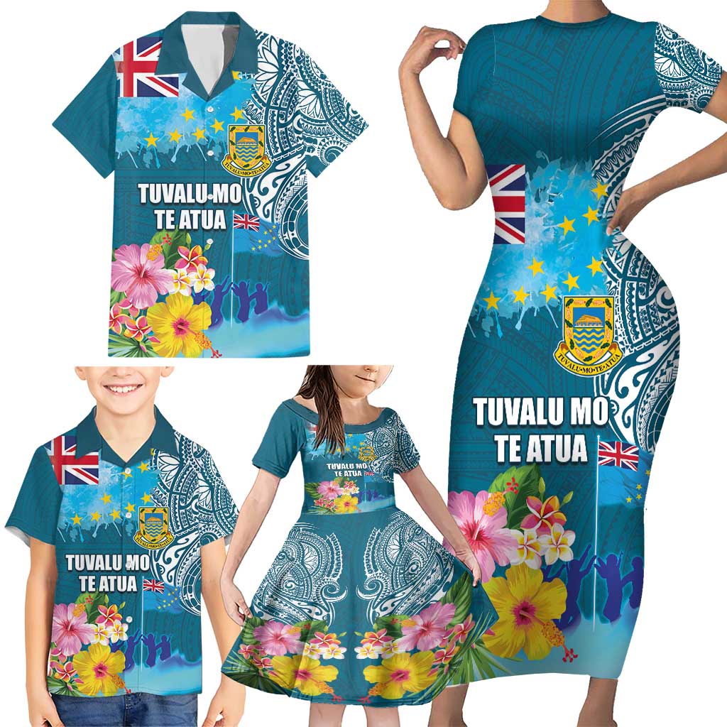 Personalised Tuvalu Independence Day Family Matching Short Sleeve Bodycon Dress and Hawaiian Shirt Tuvaluan Tribal Flag Style LT03 - Polynesian Pride