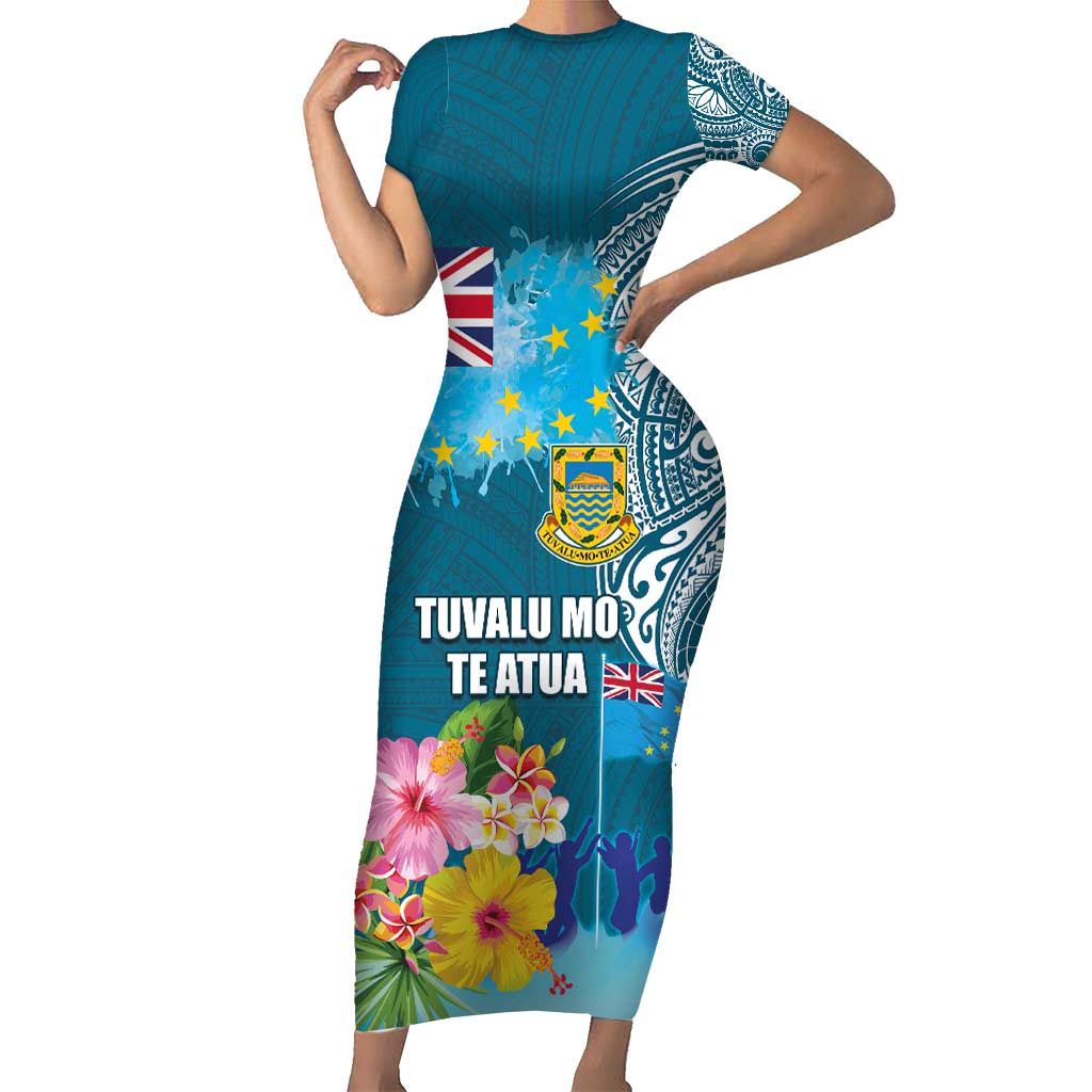Personalised Tuvalu Independence Day Family Matching Short Sleeve Bodycon Dress and Hawaiian Shirt Tuvaluan Tribal Flag Style LT03 Mom's Dress Turquoise - Polynesian Pride