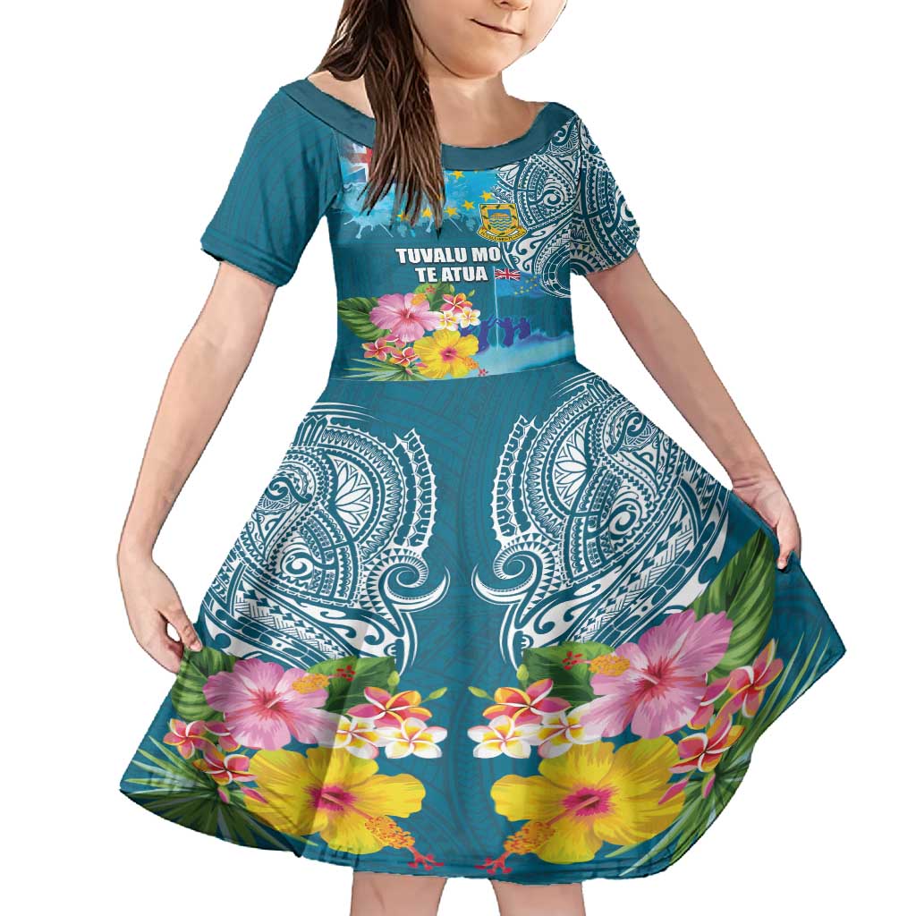 Personalised Tuvalu Independence Day Family Matching Summer Maxi Dress and Hawaiian Shirt Tuvaluan Tribal Flag Style LT03 Daughter's Dress Turquoise - Polynesian Pride
